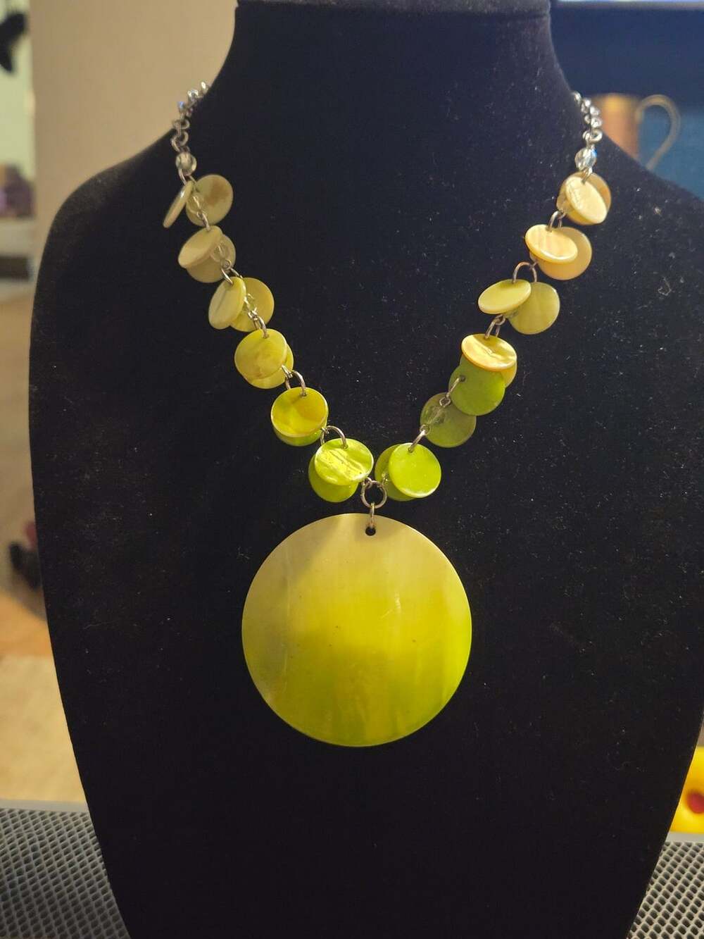 Yellow Mother of Pearl Shell Disc Statement Necklace
